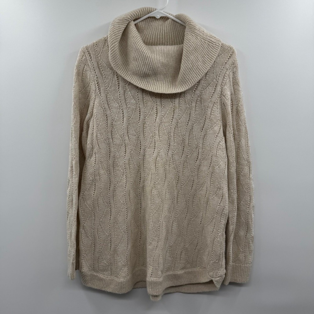 Christopher & Banks Women's L Beige Cowl Neck Cable Knit Sweater Cotton Blend